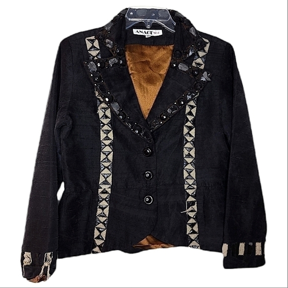 Anage Too vintage women's m black button down embellished sparkly geometric top - Picture 1 of 15